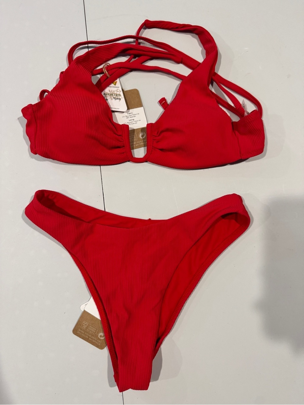 Red Ribbed Strappy Bikini Set - Women